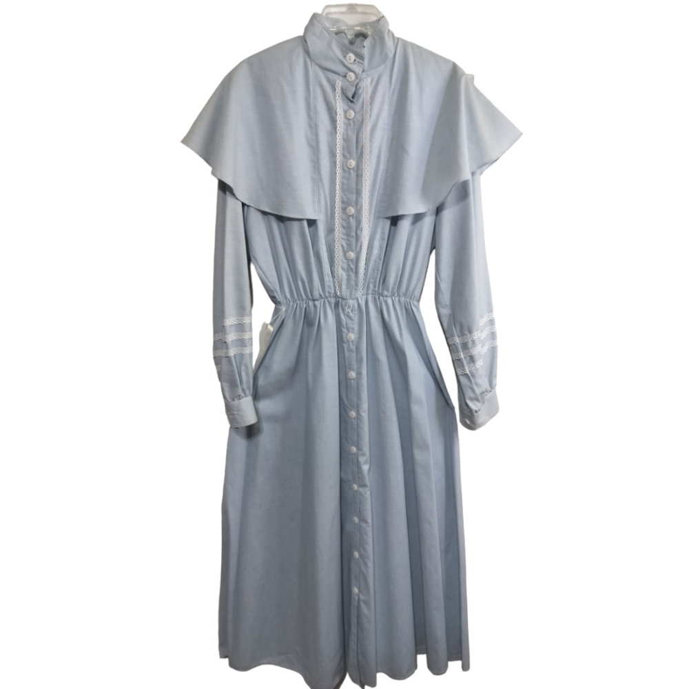 2716)Vtg Laura Michelle Blue Prairie Cottageore Bib Collar Cotton Maxi Dres Sz 9